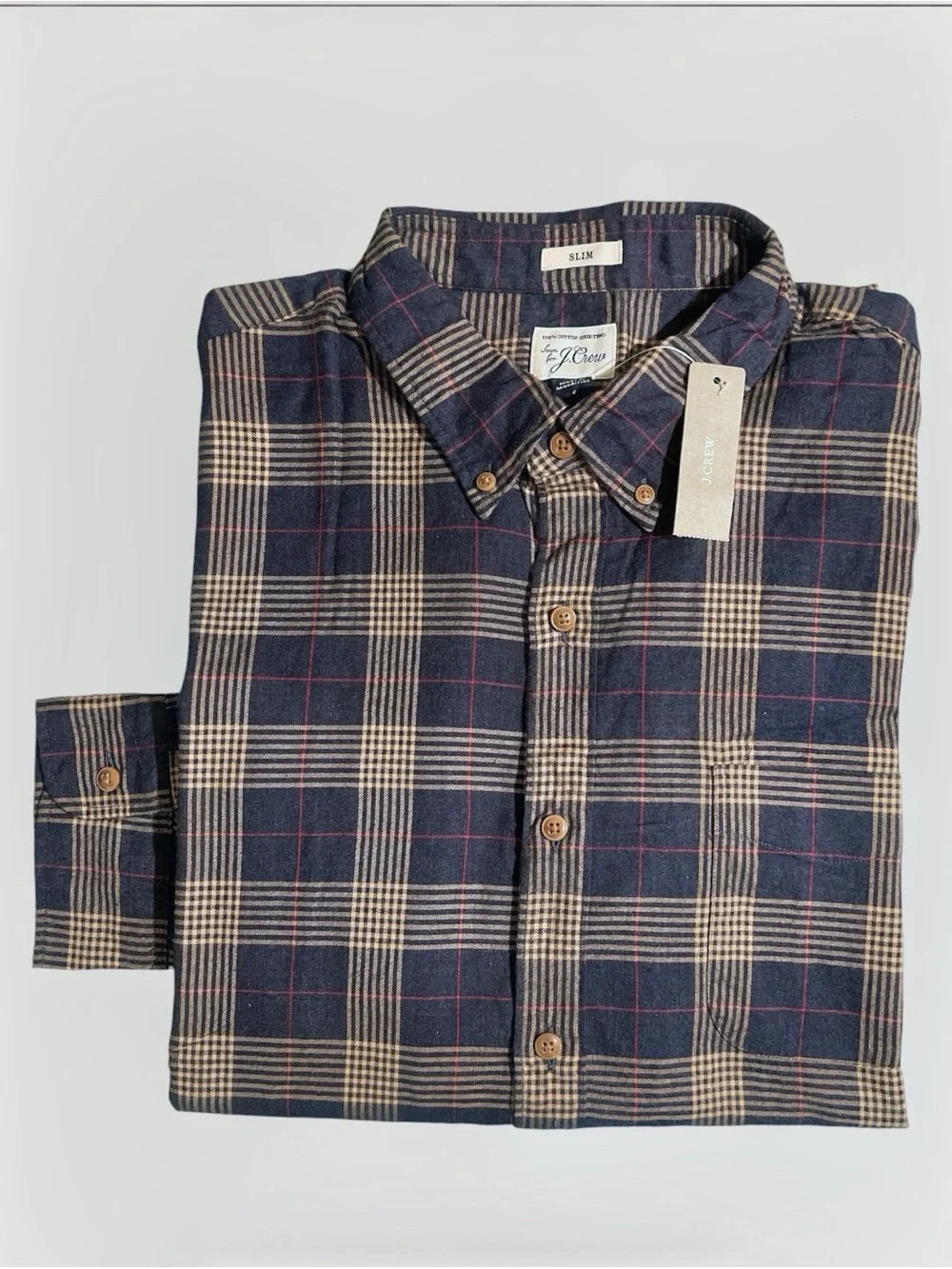 J. Crew Navy Plaid Button-Down Slim Shirt with Tan Accent XL